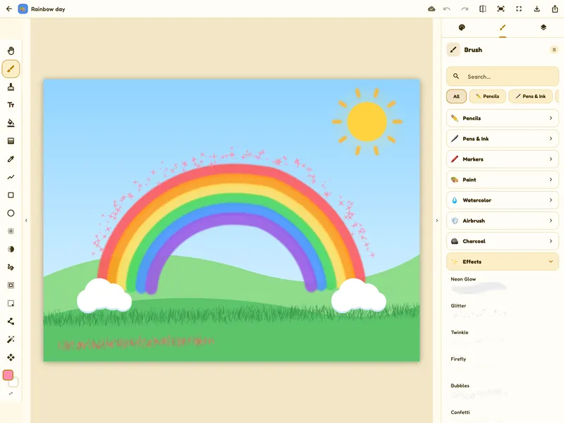 Drawing a rainbow with the glitter brush on an iPad, the brush panel open