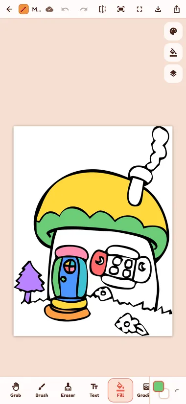 A mushroom house coloring page, half colored, on an iPhone