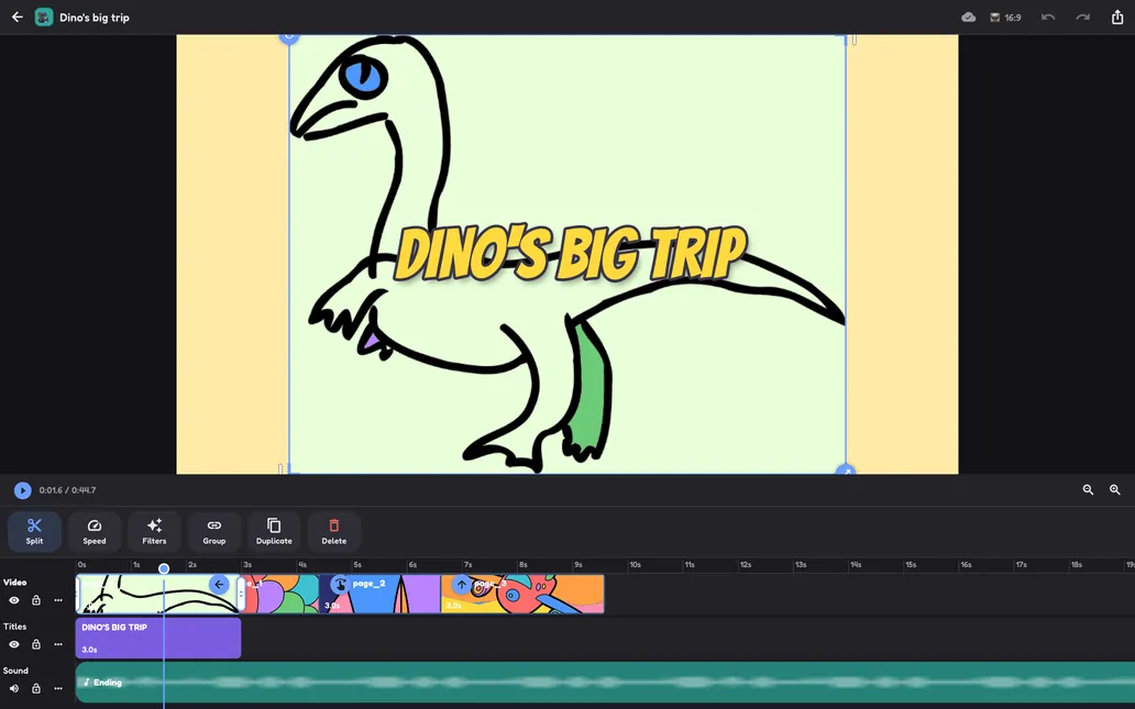 The MasLamPen Movie Studio on a Mac: a title card over a coloring page, with picture, title and music tracks