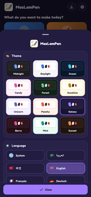 Twelve themes and fifteen languages